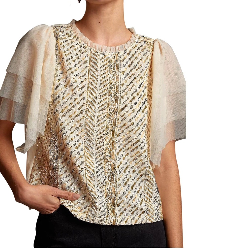 Let Me Be Sequin Embroidered Top Anthropologie Mesh Sleeve Cotton Cream Gold XSP